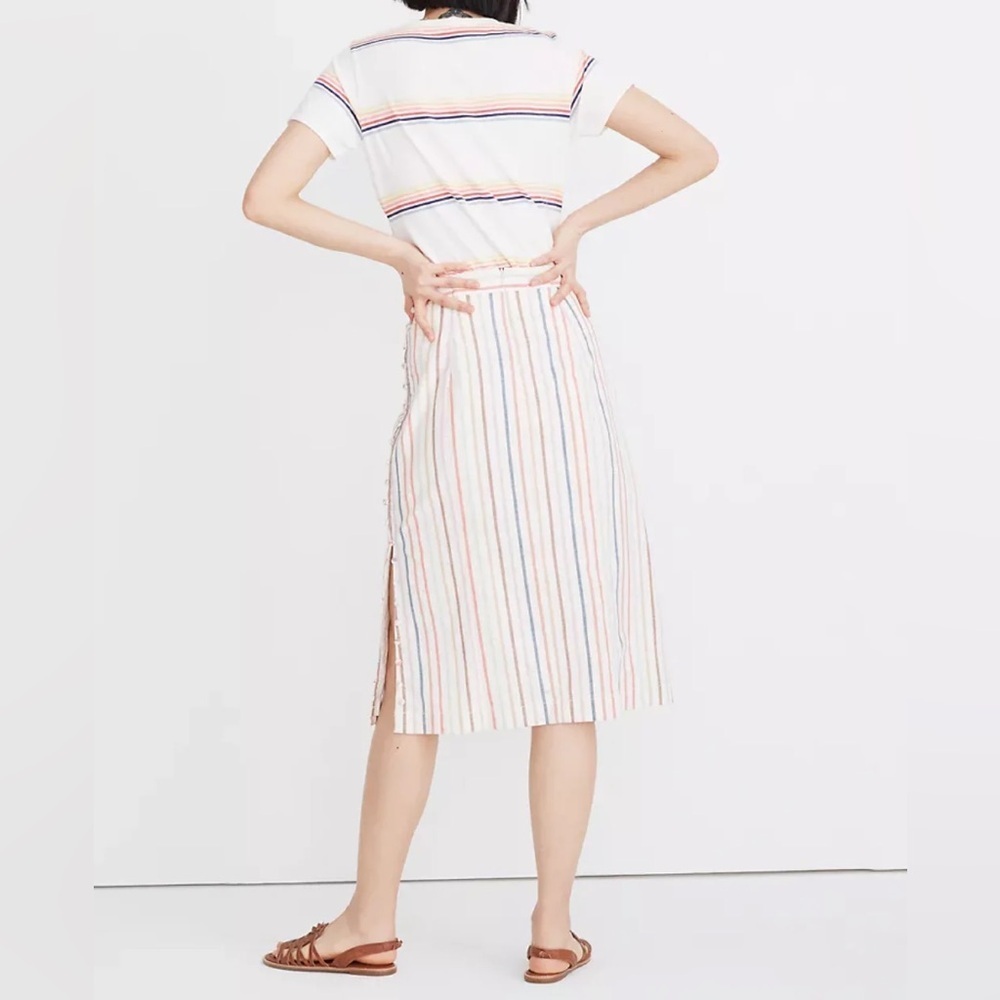 Madewell Button Slit Midi Skirt in Flecked Rainbow Stripe Size 00 - Picture 2 of 5